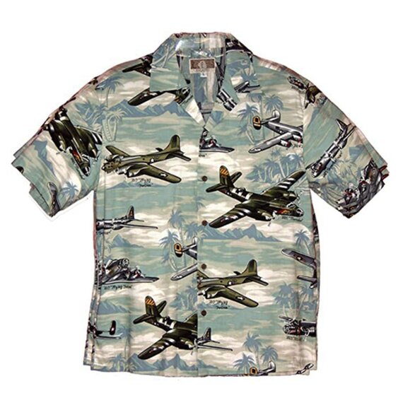 Kalaheo Men's Fighter Bomber Airplanes II Hawaiian Shirt, Color Green,Style#445R - Picture 1 of 2